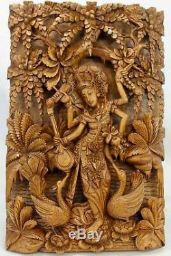 Balinese Saraswati Goddess Relief Panel Wall art Sculpture wood carving Bali Art