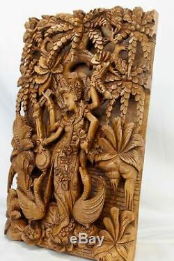 Balinese Saraswati Goddess Relief Panel Wall art Sculpture wood carving Bali Art