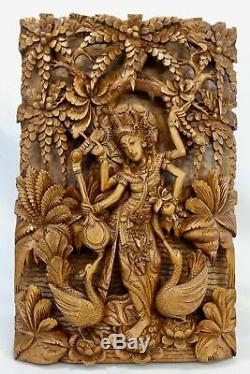 Balinese Saraswati Goddess Relief Panel Wall art Sculpture wood carving Bali Art