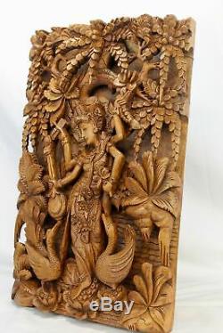 Balinese Saraswati Goddess Relief Panel Wall art Sculpture wood carving Bali Art