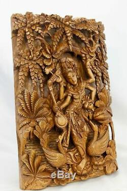 Balinese Saraswati Goddess Relief Panel Wall art Sculpture wood carving Bali Art