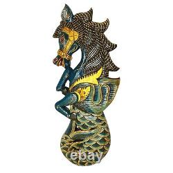 Balinese Winged Seahorse Wood Wall art Panel Merhorse Mermaid Hand Carved teal