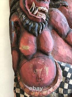 Balinese Wood Carving Red Demon Hewn Sculpture Hand Painted Asian Art Panel
