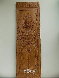 Balinese-hindu Goddess-lg. Wood Panel-sculpted-hand Carved & Stained-wall Hanging