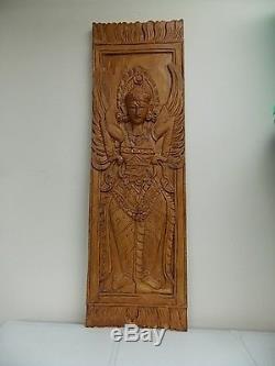 Balinese-hindu Goddess-lg. Wood Panel-sculpted-hand Carved & Stained-wall Hanging