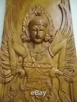 Balinese-hindu Goddess-lg. Wood Panel-sculpted-hand Carved & Stained-wall Hanging