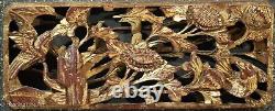 Beautiful Antique Chinese Carved Wall Panel Birds and Flowers, Gilt on Red