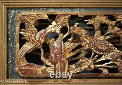 Beautiful Antique Chinese Carved Wall Panel Birds and Flowers, Gilt on Red