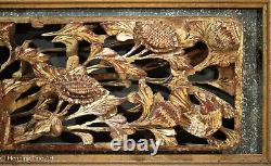 Beautiful Antique Chinese Carved Wall Panel Birds and Flowers, Gilt on Red