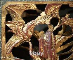 Beautiful Antique Chinese Carved Wall Panel Birds and Flowers, Gilt on Red