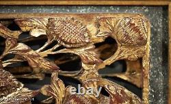 Beautiful Antique Chinese Carved Wall Panel Birds and Flowers, Gilt on Red