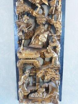 Beautiful Chinese Carved Deep Relief Gilt Wood Warriors Religious Scenes Panel