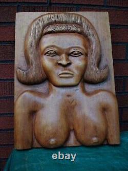 Beautiful FEMALE NUDE primitive folk art carved wood PANEL T. Plummer Jamaica