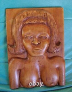 Beautiful FEMALE NUDE primitive folk art carved wood PANEL T. Plummer Jamaica