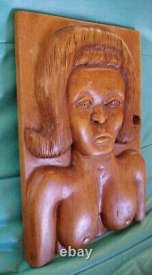 Beautiful FEMALE NUDE primitive folk art carved wood PANEL T. Plummer Jamaica