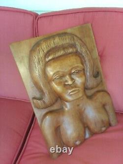 Beautiful FEMALE NUDE primitive folk art carved wood PANEL T. Plummer Jamaica