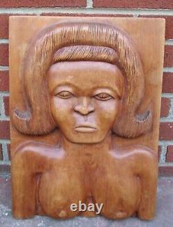 Beautiful FEMALE NUDE primitive folk art carved wood PANEL T. Plummer Jamaica