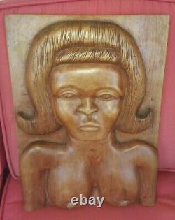 Beautiful FEMALE NUDE primitive folk art carved wood PANEL T. Plummer Jamaica