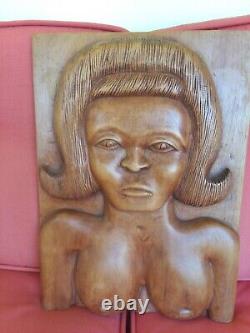 Beautiful FEMALE NUDE primitive folk art carved wood PANEL T. Plummer Jamaica