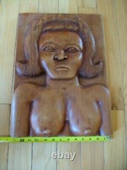 Beautiful FEMALE NUDE primitive folk art carved wood PANEL T. Plummer Jamaica