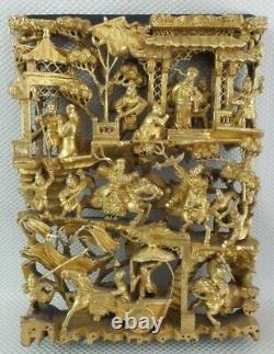 Beautiful Large Antique Chinese Hand Carved & Gilt Battlefield Wood Panel