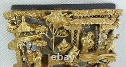 Beautiful Large Antique Chinese Hand Carved & Gilt Battlefield Wood Panel