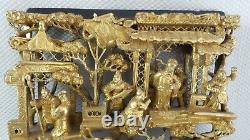 Beautiful Large Antique Chinese Hand Carved & Gilt Battlefield Wood Panel