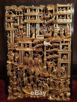 Big Antique Chinese Gilt Wood Carved Panel Village Life Scenes Wooden Carving #1