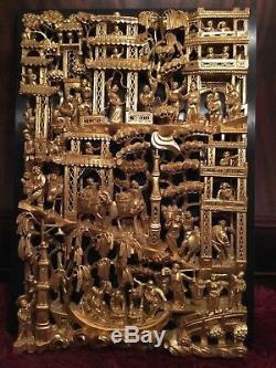 Big Antique Chinese Gilt Wood Carved Panel Village Life Scenes Wooden Carving #1