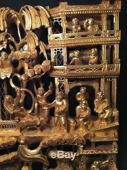 Big Antique Chinese Gilt Wood Carved Panel Village Life Scenes Wooden Carving #1