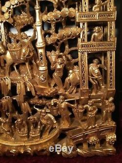 Big Antique Chinese Gilt Wood Carved Panel Village Life Scenes Wooden Carving #1