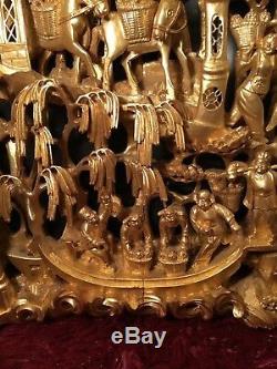 Big Antique Chinese Gilt Wood Carved Panel Village Life Scenes Wooden Carving #1