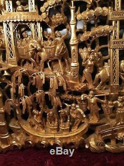 Big Antique Chinese Gilt Wood Carved Panel Village Life Scenes Wooden Carving #1