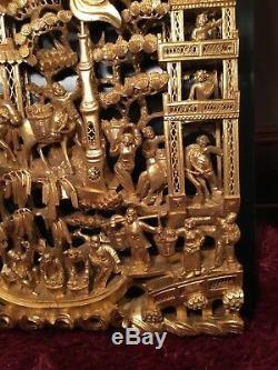 Big Antique Chinese Gilt Wood Carved Panel Village Life Scenes Wooden Carving #1