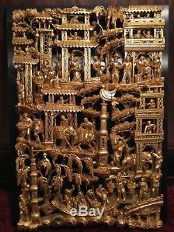 Big Antique Chinese Gilt Wood Carved Panel Village Life Scenes Wooden Carving #2