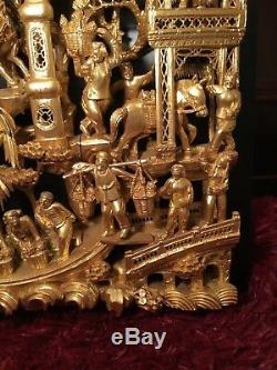 Big Antique Chinese Gilt Wood Carved Panel Village Life Scenes Wooden Carving #2