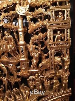 Big Antique Chinese Gilt Wood Carved Panel Village Life Scenes Wooden Carving #2