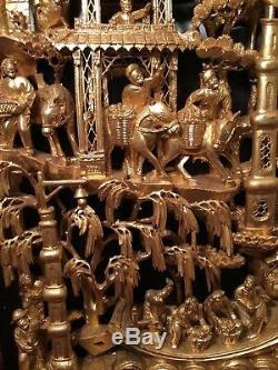 Big Antique Chinese Gilt Wood Carved Panel Village Life Scenes Wooden Carving #2
