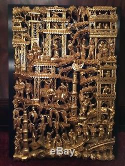 Big Antique Chinese Gilt Wood Carved Panel Village Life Scenes Wooden Carving #2