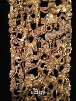 Big Antique Qi'ing Chinese Gilt Wood Carved Panel Battle Scene Wooden Carving #3