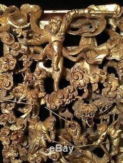 Big Antique Qi'ing Chinese Gilt Wood Carved Panel Battle Scene Wooden Carving #3