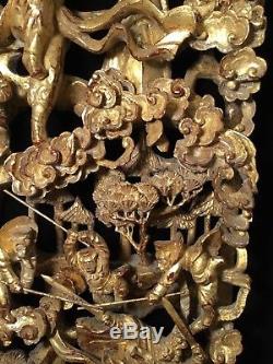 Big Antique Qi'ing Chinese Gilt Wood Carved Panel Battle Scene Wooden Carving #3