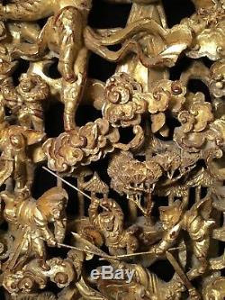 Big Antique Qi'ing Chinese Gilt Wood Carved Panel Battle Scene Wooden Carving #3