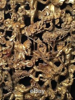 Big Antique Qi'ing Chinese Gilt Wood Carved Panel Battle Scene Wooden Carving #3