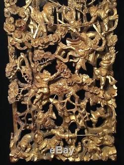 Big Antique Qi'ing Chinese Gilt Wood Carved Panel Battle Scene Wooden Carving #3