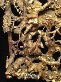 Big Antique Qi'ing Chinese Gilt Wood Carved Panel Battle Scene Wooden Carving #3