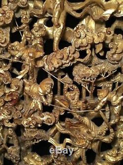 Big Antique Qi'ing Chinese Gilt Wood Carved Panel Battle Scene Wooden Carving #3