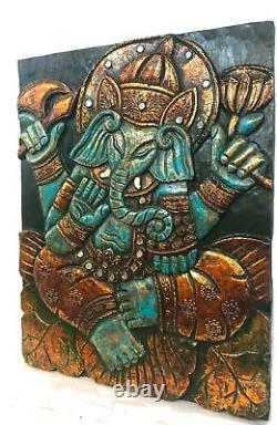 Blue Lotus Pose Ganesha Hindu God Wall Art Panel Hand Carved Wood Balinese art