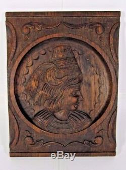 Breton Oak Wood Panel Wall Pediment Hand Carved French Portrait Salvage Antique