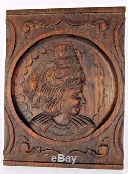 Breton Oak Wood Panel Wall Pediment Hand Carved French Portrait Salvage Antique